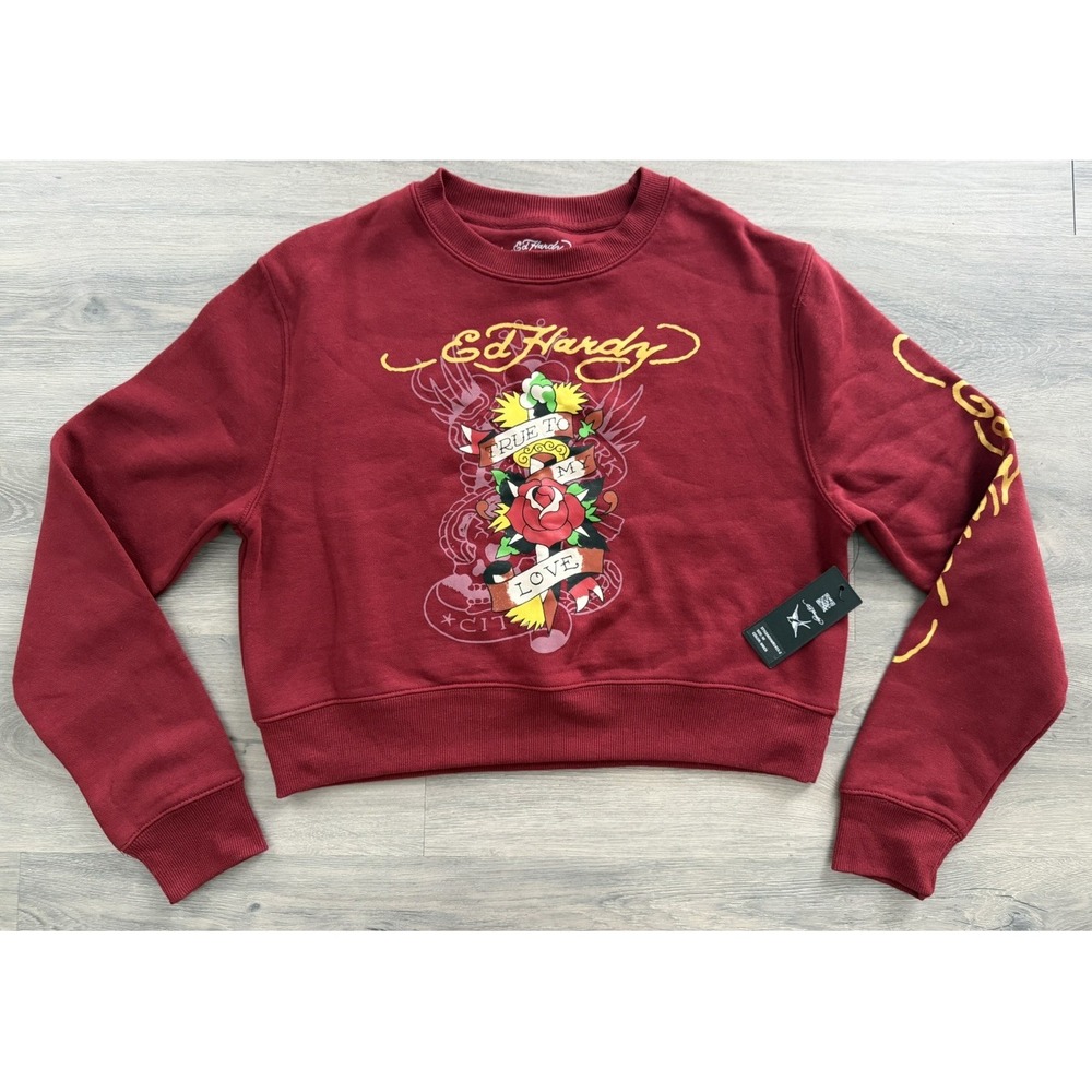 Ed Hardy Women's Medium Red True To My Love Tattoo Graphic Cropped Sweatshirt